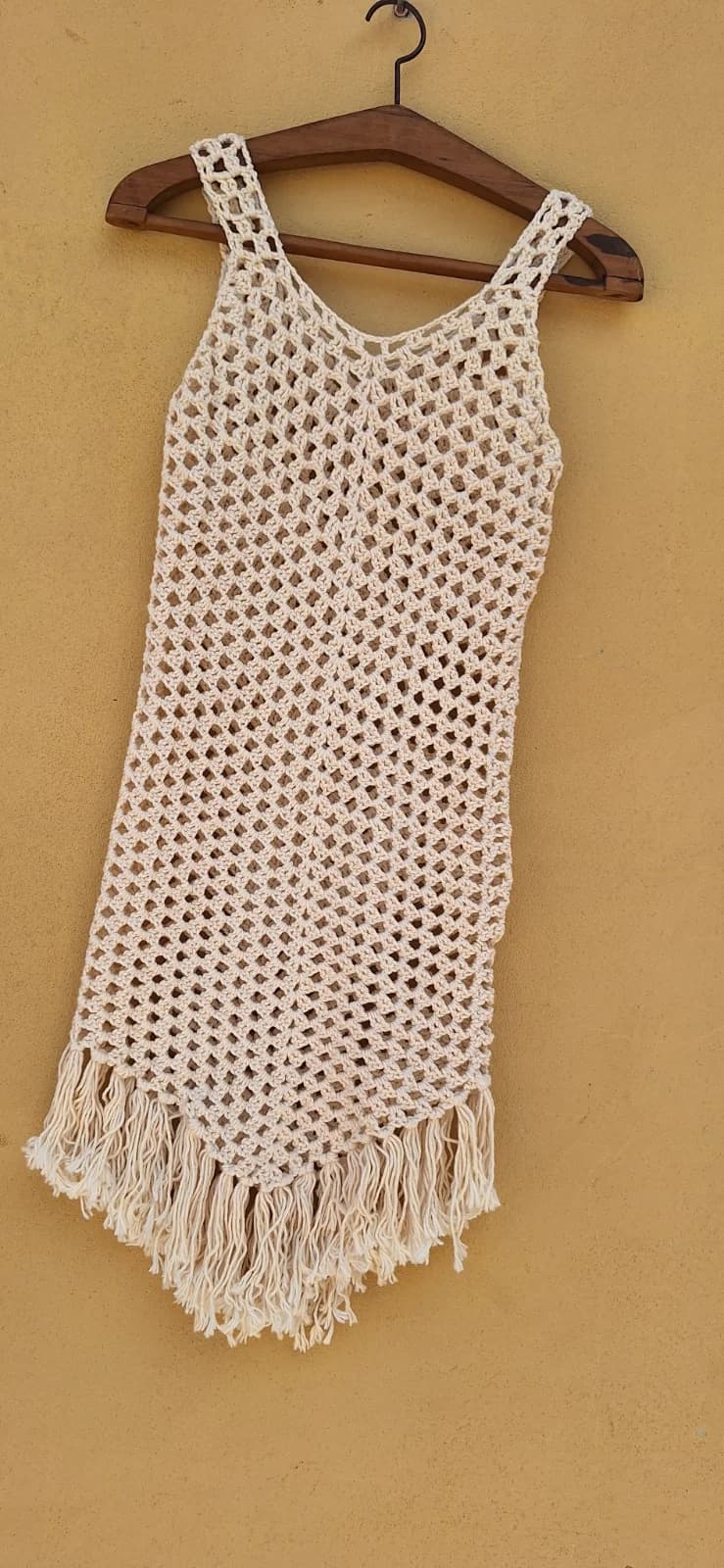 Vestido saida de praia de Crochê Cru com Franjas