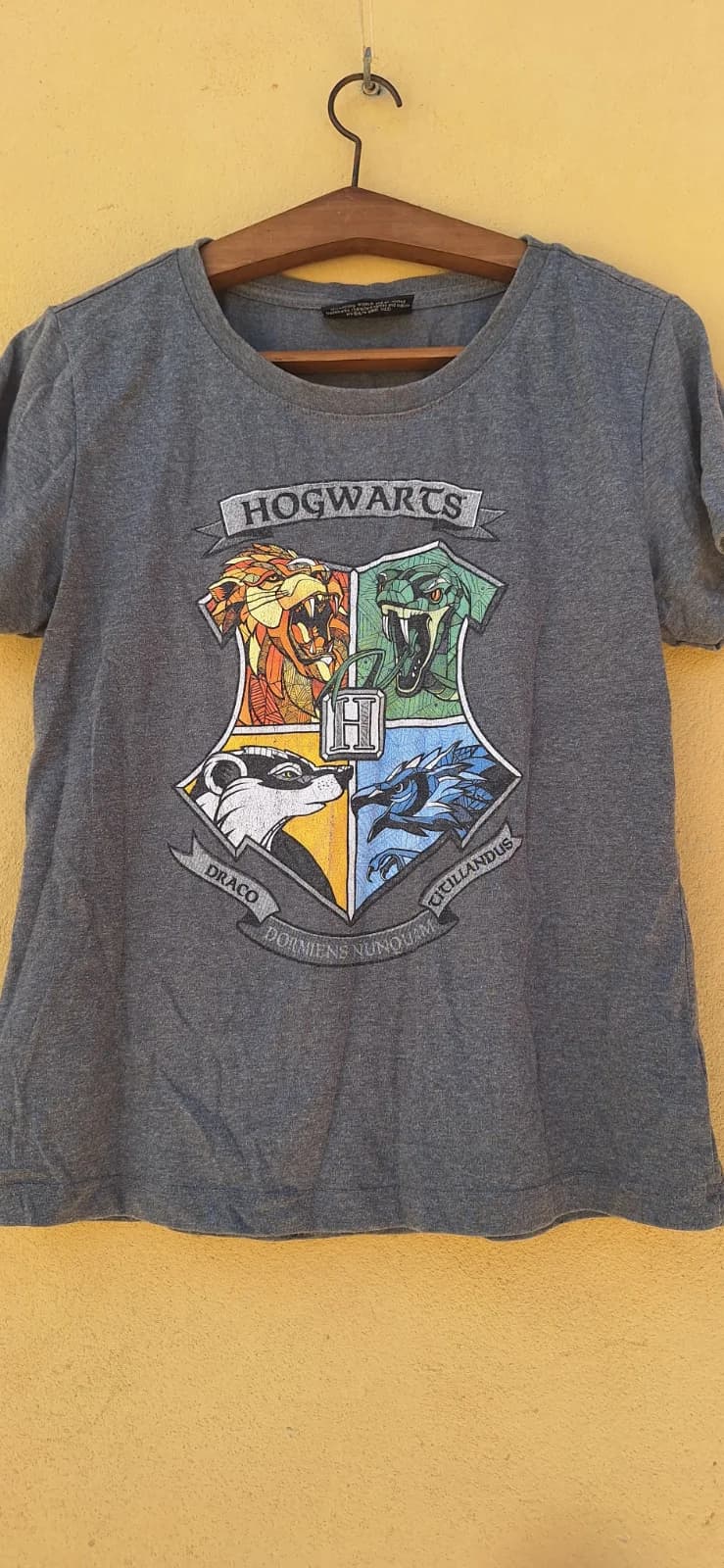 Camiseta Cinza Hogwarts com Brasão das Casas