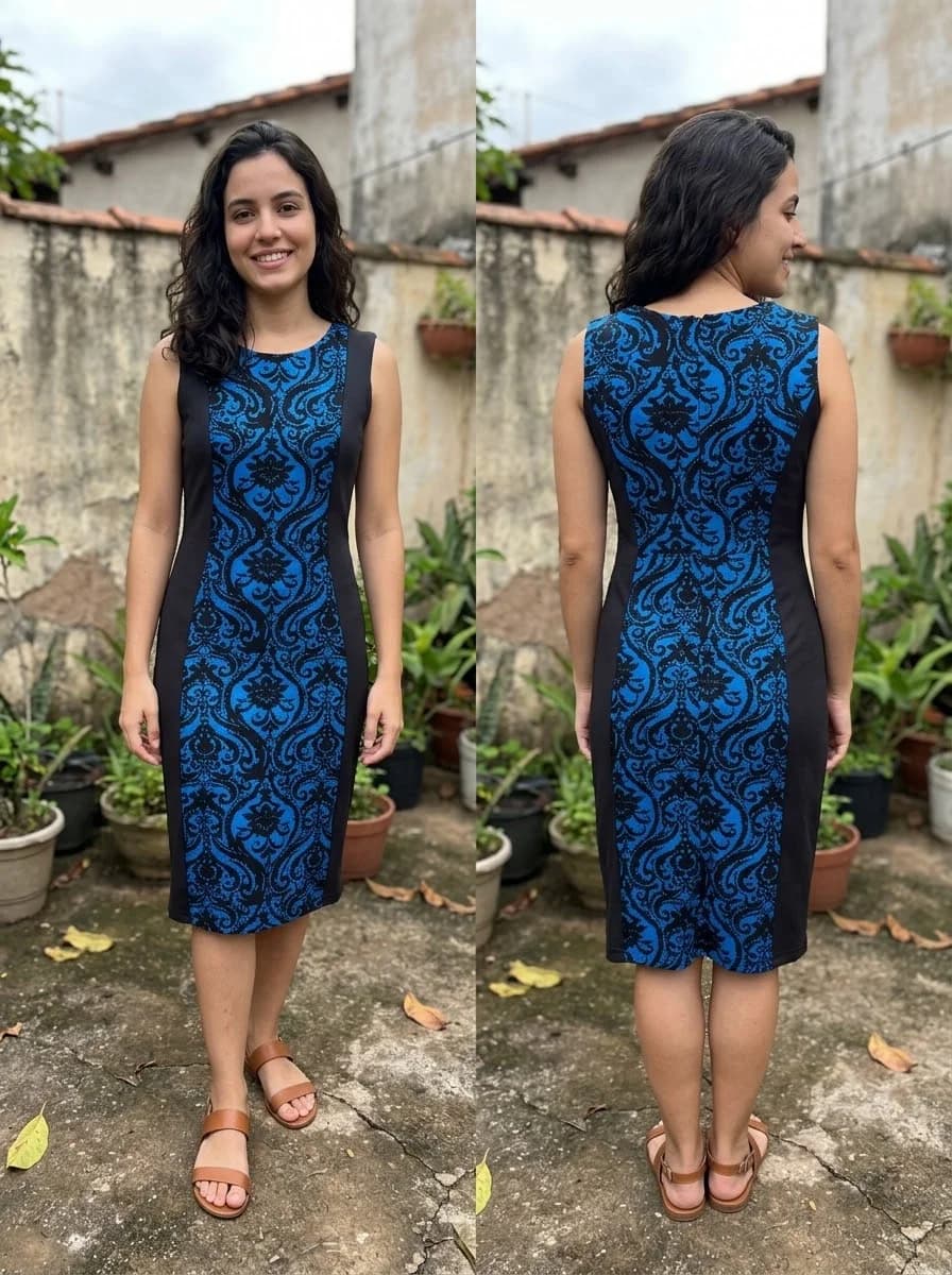 Vestido Midi Preto e Azul com Estampa Barroca