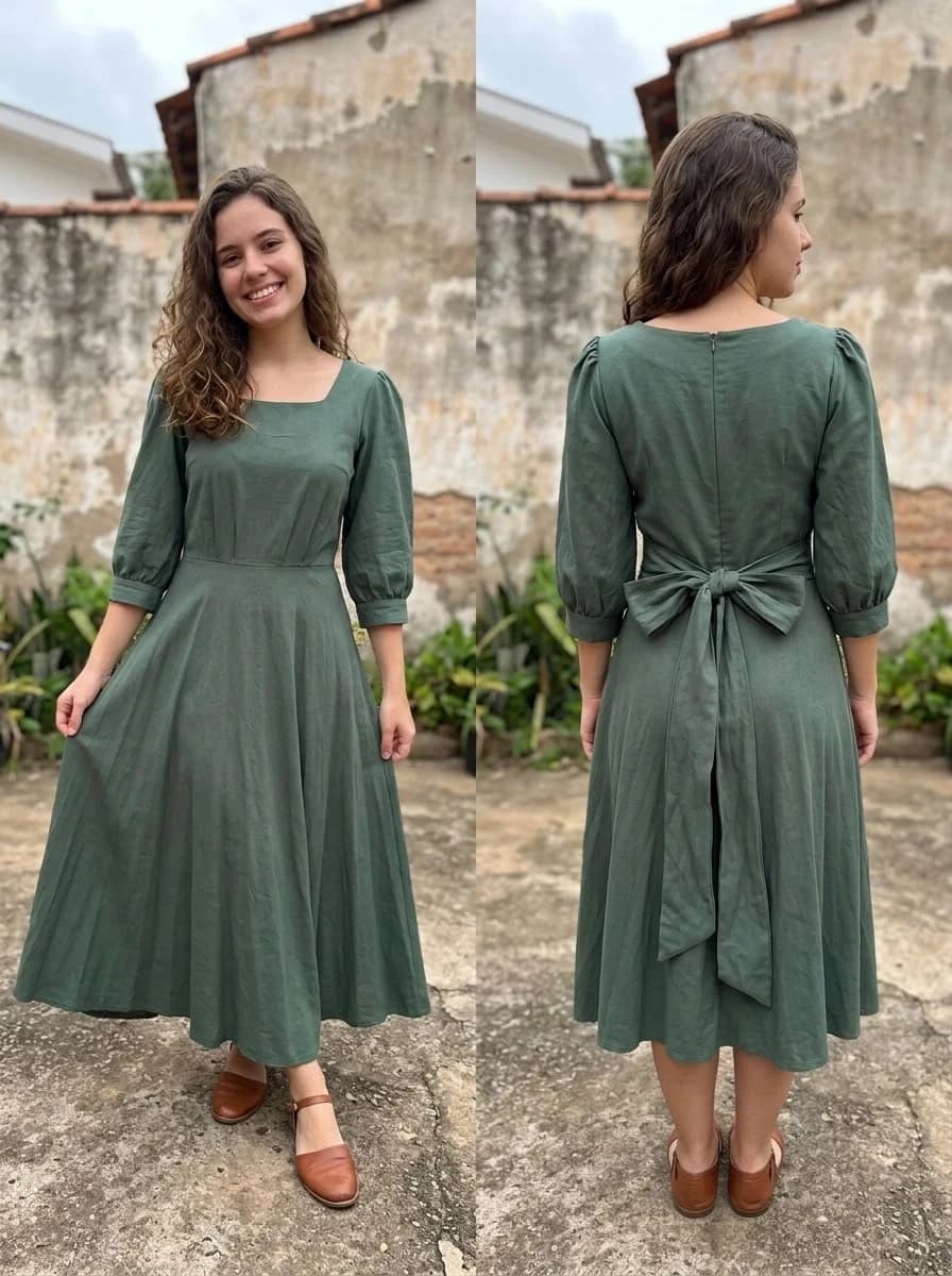 Vestido Longo Verde Oliva com Mangas Bufantes