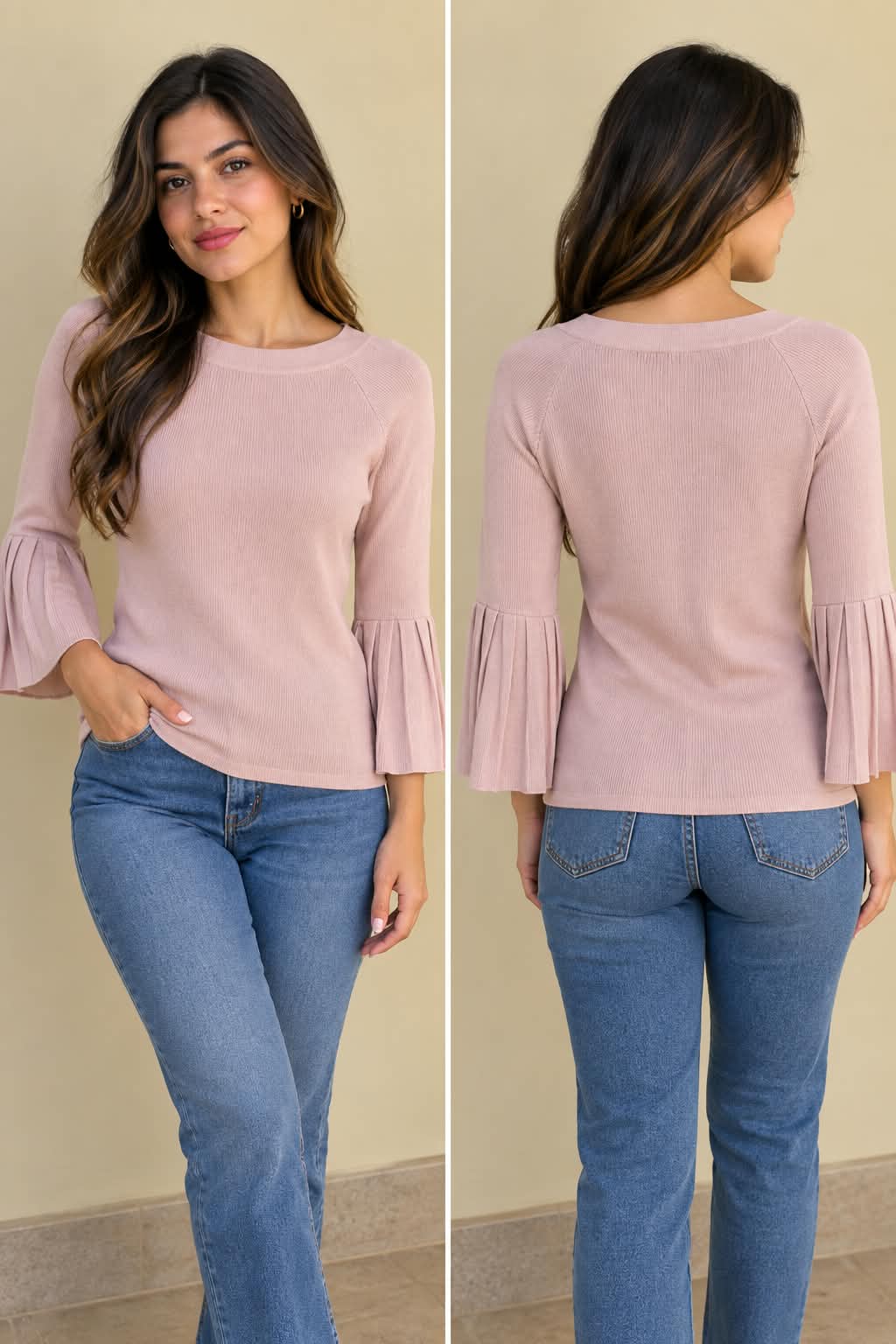 Blusa de Tricô Rosa com Mangas Plissadas
