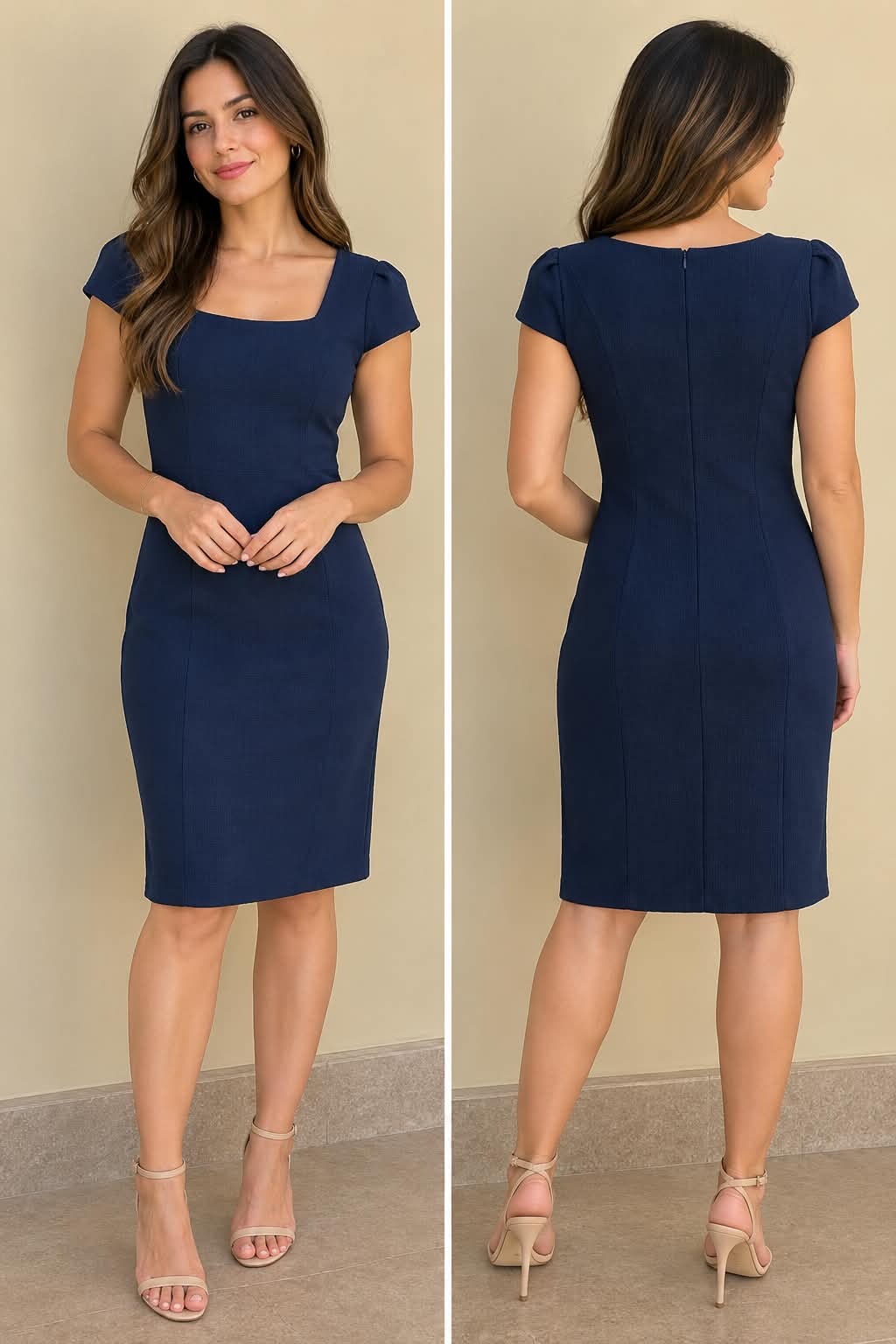 Vestido Tubinho Azul-Marinho com Decote Quadrado