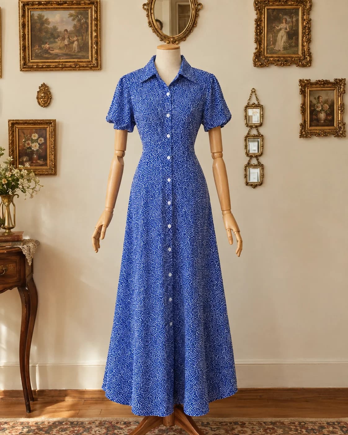 Vestido Chemise Azul com Microestampa Branca